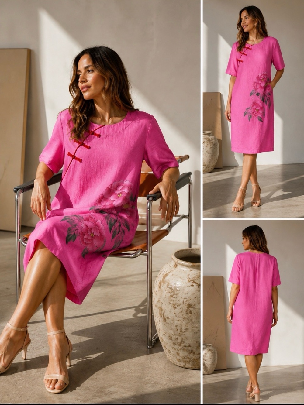Vintage Pink Floral Dress with Red Frog closure Accents